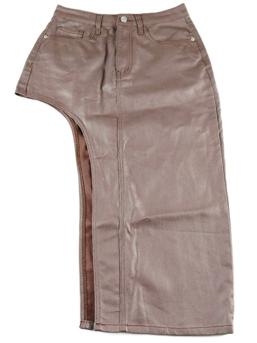 PrettyLittleThing Asymmetric Coated Denim Midi Skirt Women's Size 6 Chocolate